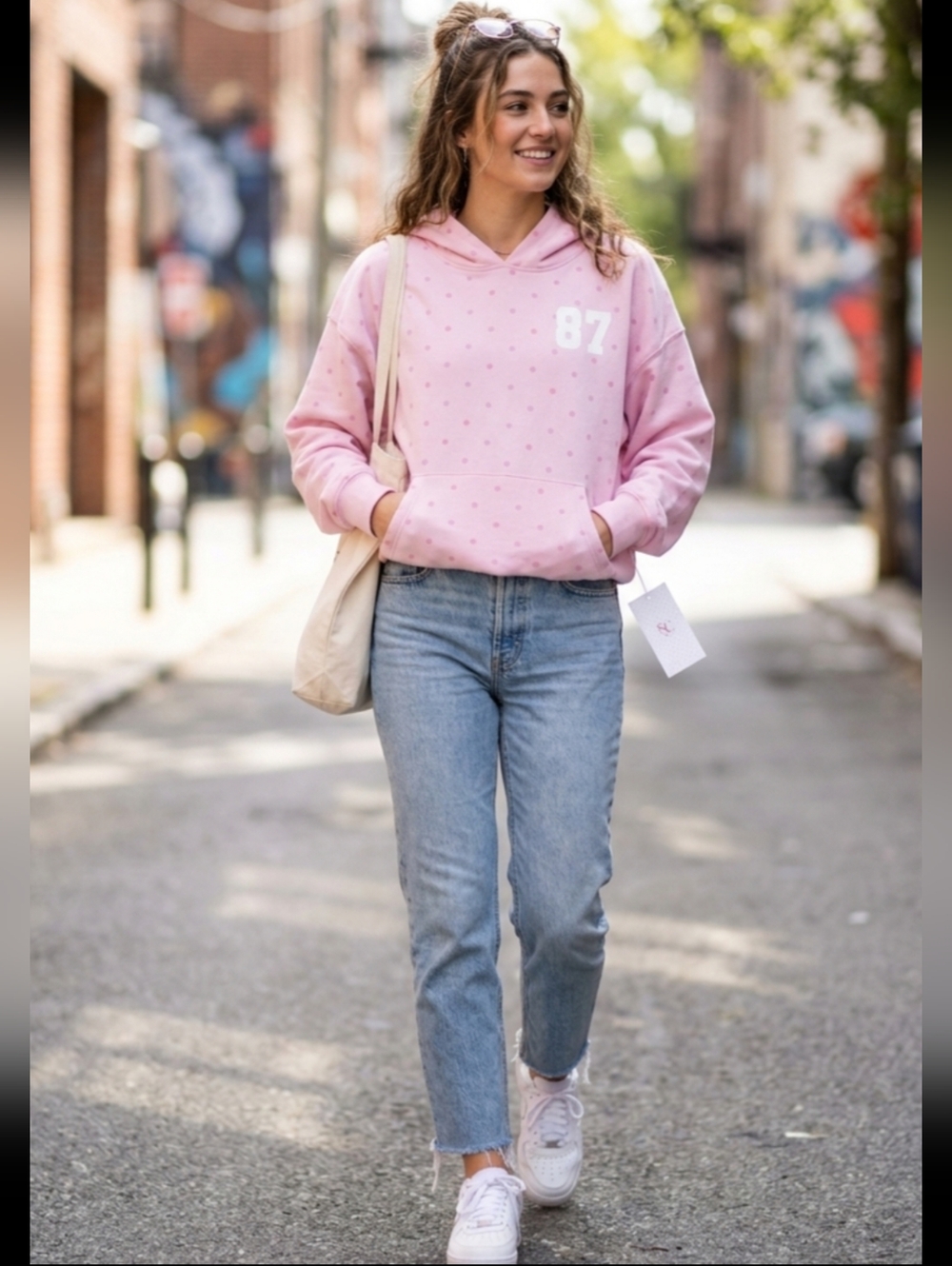 💗NWT Social Scene "Pretty In Pink Polka Dots 87🤍 Hoodie" Sz Large💗